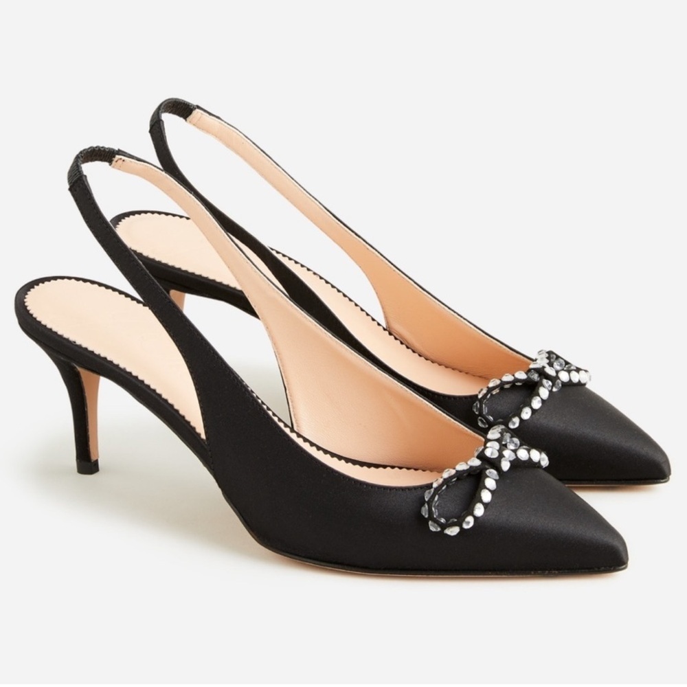 J.Crew Anya Black Satin Slingback Kitten Heel Crystal Bows 8.5